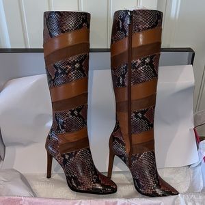 SARAALAN LEATHER MIXED MEDIA SNAKE PRINT KNEE HIGH BOOTS. Size 7.5 GORGEOUS NWT